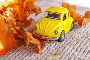 Autumnal Background. Yelllow toy car and dried orange fall maple leaves on grey knitted sweater. Thanksgiving banner copy space. Hygge mood cold weather delivery concept. Hello Autumn travel. photo