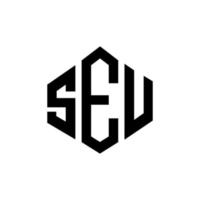 SEU letter logo design with polygon shape. SEU polygon and cube shape logo design. SEU hexagon vector logo template white and black colors. SEU monogram, business and real estate logo.