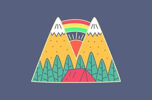 acampar en la montaña interior con diseño de arco iris para placa, pegatina, parche, diseño de camiseta, etc. vector