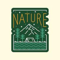 Camping on the nature mountain wildlife in mono line for badge patch emblem graphic vector art t-shirt design