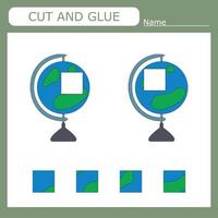 worksheet vector design, the task is to cut and glue a piece on  globe.   Logic game for children.