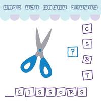 Find the first letter of the word SCISSORS and connect. Educational game for children. vector