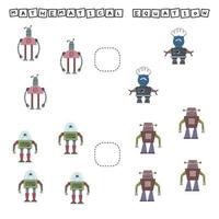 Developing activities for children, compare which more robots. Logic game for children, mathematical inequalities. vector