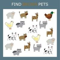 Educational activity for kids, find the  brown pets among the colorful ones. Logic game for children. vector