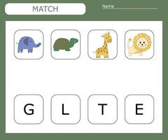 Find the first letter of the animals and connect. Educational game for children. vector