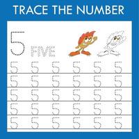 Number five  stroke worksheet with monsters for fine motor skills kids. Educational game for preschoolers. vector