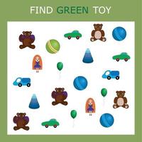 Find green toys. Preschool worksheet, worksheet for kids, printable worksheet vector