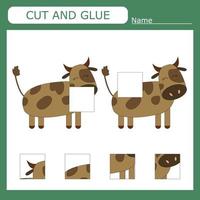 worksheet vector design, the task is to cut and glue a piece on cow.  Logic game for children.