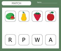 encuentra la primera letra de los frutos y conecta. juego educativo para niños. vector