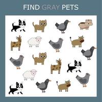 Educational activity for kids, find the gray animal among the colorful ones. Logic game for children. vector