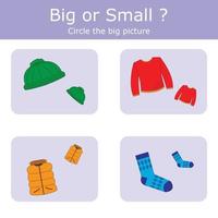 Sort  clothes into large and small. An example of the opposite word antonym for a child vector