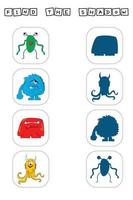 Find a pair or shadow  game with funny monsters.  Worksheet for preschool kids, kids activity sheet, printable worksheet vector