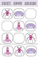 worksheet vector design, the task is to cut and glue a piece on colorful  monsters.  Logic game for children.