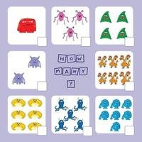 How many counting game with funny monsters . Preschool worksheet, kids activity sheet, printable worksheet vector