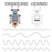 Tracing lines game with funny robots. Worksheet for preschool kids, kids activity sheet, printable workshee vector