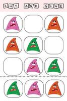 worksheet vector design, the task is to cut and glue a piece on colorful  monsters.  Logic game for children.