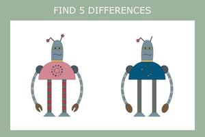 Educational game for children. Find 5 differences between the  robots and circle them vector