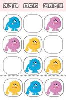 worksheet vector design, the task is to cut and glue a piece on colorful  monsters.  Logic game for children.