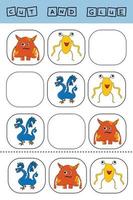 worksheet vector design, the task is to cut and glue a piece on colorful  monsters.  Logic game for children.