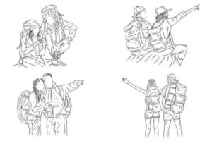 Set Bundle Couple Adventure Explore Trip Mountain Camping Romance Journey Sport Line Art Hand Drawn vector