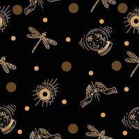 Set Seamless Pattern Mystical Celestial Simple Minimalism Tattoo Symbol With Gold Random Circle Object Space Doodle Esoteric Elements Vintage Illustration Dark Black. vector