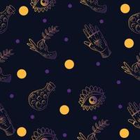 Set Seamless Pattern Gradient Yellow and Purple Mystical Celestial Simple Minimalism Tattoo Symbol With Yellow Circle Object Space Doodle Esoteric Elements Vintage Illustration Dark Purple. vector