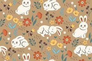 Seamless pattern with cute rabbits and flowers.Vector graphics. vector