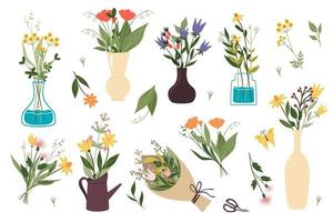 Set of bouquets of wildflowers isolated on a white background. Vector graphics