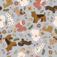 Seamless pattern with cute dogs and flowers. Vector graphics