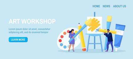 Artists painting with palette and brushes at easel. Art studio, open art classes, modern arts gallery. Watercolor or oil painting, creative hobby, workshop. People creating traditional artworks vector