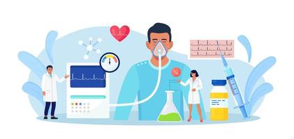 Anesthesia. Doctor anesthesiologist performing inhalation and epidural anesthesia. Patient with anesthetic oxygen mask sleeping in intensive care unit. Emergency, first aid. Preparing man for surgery vector