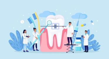 Doctors installing braces in orthodontic clinic. Dental doctor in uniform treating human teeth with braces. Prosthetics and dental care. Orthodontic treatment and cosmetic odontology vector
