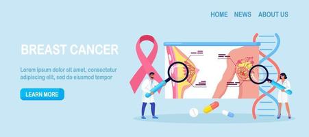 Breast screening and mammography, diagnostic of oncology. Mammologist doctor diagnose breast cancer with magnify. Pink ribbon. Healthcare and medical examination vector