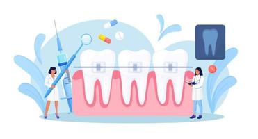 Orthodontist installs dental braces for straightening. Tiny Dentist doctor research X-ray picture of tooth. Dentistry, braces installation, teeth alignment. Prosthetics, Orthodontic treatment vector