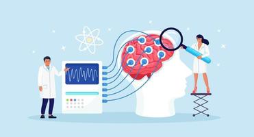 médico neurólogo, neurocientífico, médico estudia el cerebro conectado a la pantalla con indicación de eeg. neurología, neurociencia, concepto de electroencefalografía. vector