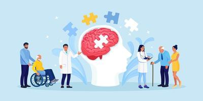 Doctor helping elder patients with Alzheimer disease. Senior care and assistance concept. Shattering human brain, memory loss and mental problems. Neurology therapy