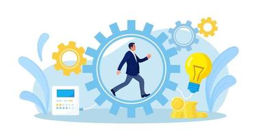 Businessman running in gear wheels, generate creative business idea. Employee inside cogwheel in hurry develop innovation or startup. Leader reach goal, power of motivation. Hard work and success vector