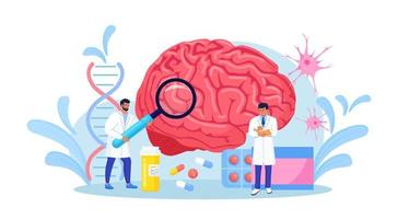 Scientist study human brain and psychology. Doctor neurologist character examine huge organ and diagnosis controlled pills treatment. Neurology disease diagnostics. Treating headache, migraine.
