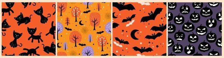 A set of seamless patterns from the Halloween celebration. Bats, horrible pumpkin faces, forest, kittens. Vector graphics.