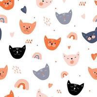 Seamless pattern with funny, funny cat heads, rainbows, hearts. Baby abstract simple print. Vector graphics.