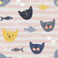 Seamless pattern with funny, funny heads of seals, fish on the background of waves. Baby abstract simple print. Vector graphics.