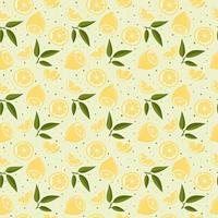 Vector seamless pattern with lemons and leaves. On a green background
