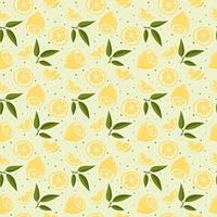Vector seamless pattern with lemons and leaves. On a green background