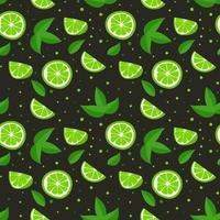 Lime with green leaves, citrus slice on black background. Seamless pattern tropical pattern vector