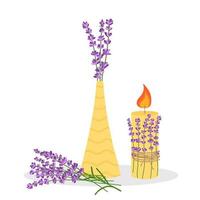 Lavender flowers in a yellow vase with a candle. Vector illustration isolated on white background