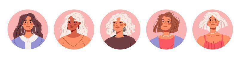 Curly women characters avatars . Young women face portraits in circles. Females with fashion hairstyles. Round user profiles of various race. Flat vector illustrations