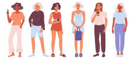 mujeres elegantes con ropa de moda. personajes femeninos jóvenes de pie en ropa casual moderna. gente en ropa de moda. mujeres con ropa de verano de moda. vector