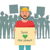 huelga de protesta contra la contaminación del aire y el cambio climático. el hombre sostiene una pancarta o un cartel sobre proteger y salvar el planeta.sus manos vector