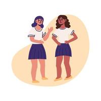 Two schoolgirl are discussing something among themselves. Flat vector illustration, isolated on a white background.