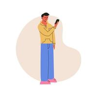 hombre que sostiene el teléfono inteligente. comunicación en la red. tipo con artilugio. ilustración plana vectorial, aislada en un fondo blanco. vector